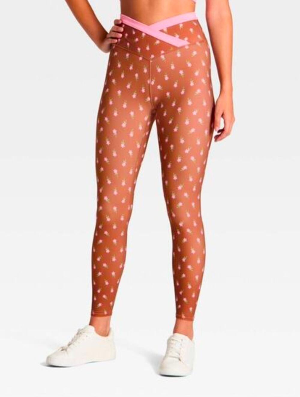 JoyLab High Rise Crossover Waist Band Brown Floral Leggings Large